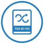 Niebieska ikona w okręgu przedstawiająca dokument z symbolem tasowania i napisem TAX-ID-123.